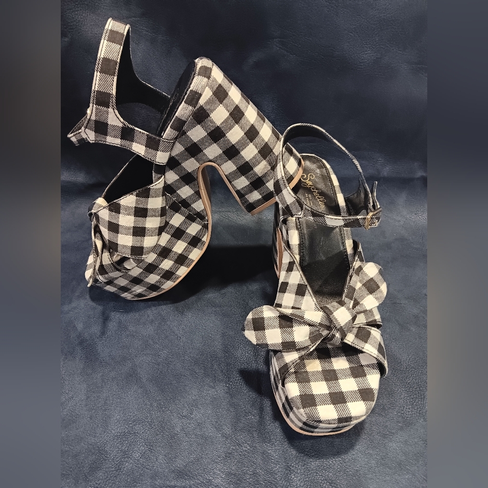 Seychelles Black and White Gingham New American Platform Sandals Front Bow - Picture 2 of 6